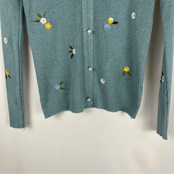 Retro V-Neck Floral Embroidered Ribbed Knit Sweater Pearl Detail Green Est S/M - Picture 4 of 6